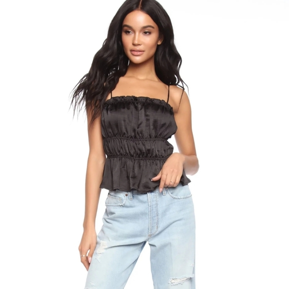 💥SALE💥NEW Satin Ruched Tie-Strap Ruffle Detail Stretchy Top - Picture 2 of 6